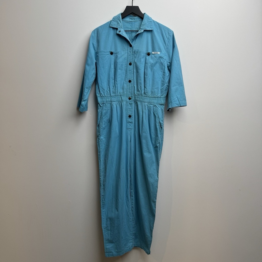 Vtg 80s IDEAS Blue Jumpsuit Medium Romper Coveralls Cotton Cinched Waist Women's